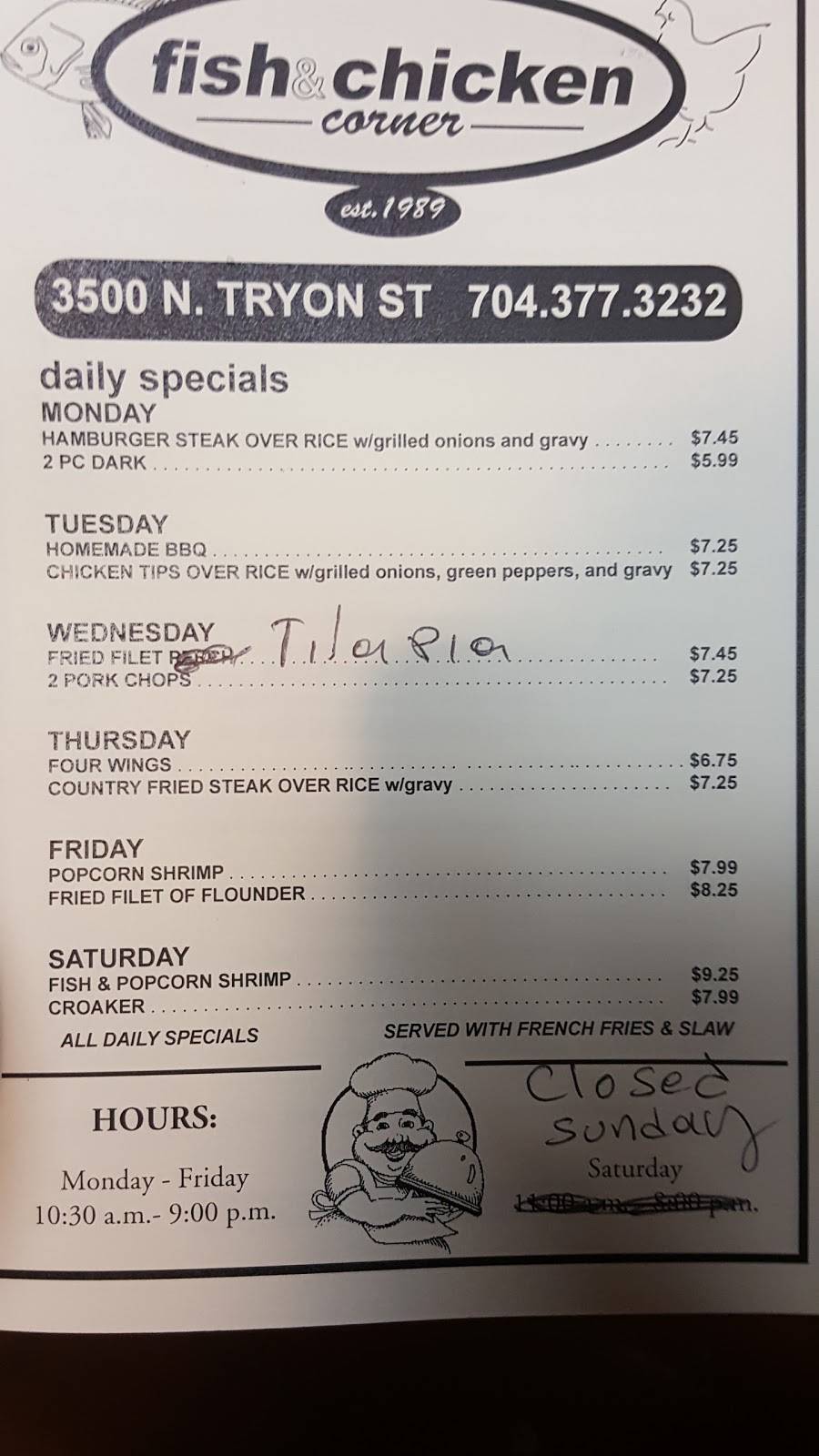 Fish & Chicken Corner | restaurant | 3500 N Tryon St, Charlotte, NC 28206, USA | 7043773232 OR +1 704-377-3232