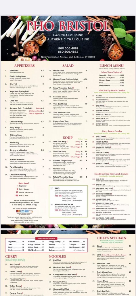 Pho Bristol Thai Cuisine | restaurant | 1235 Farmington Ave Unit 3, Bristol, CT 06010, USA | 8605064881 OR +1 860-506-4881