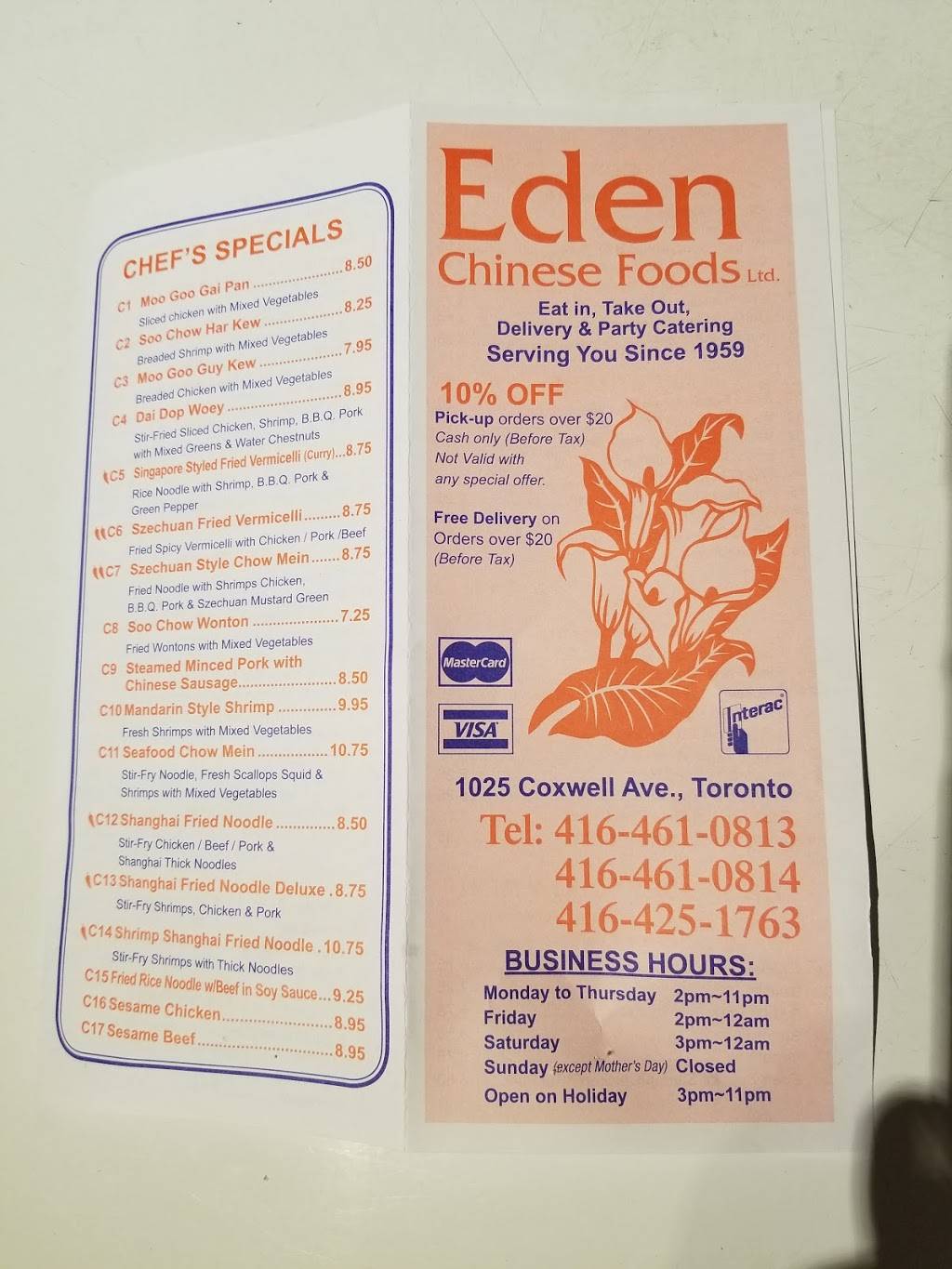 Eden Chinese Food | restaurant | 1025 Coxwell Ave, East York, ON M4C 3G4, Canada | 4164610813 OR +1 416-461-0813