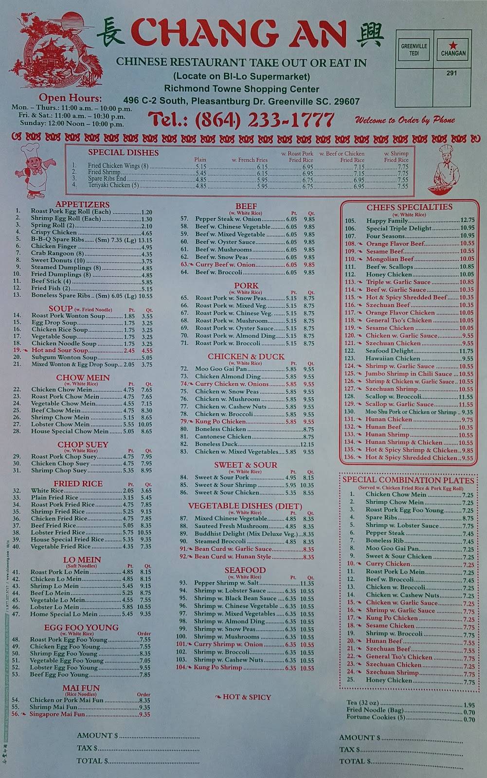 Chang An Restaurant | restaurant | 496 S Pleasantburg Dr, Greenville, SC 29607, USA | 8642331777 OR +1 864-233-1777