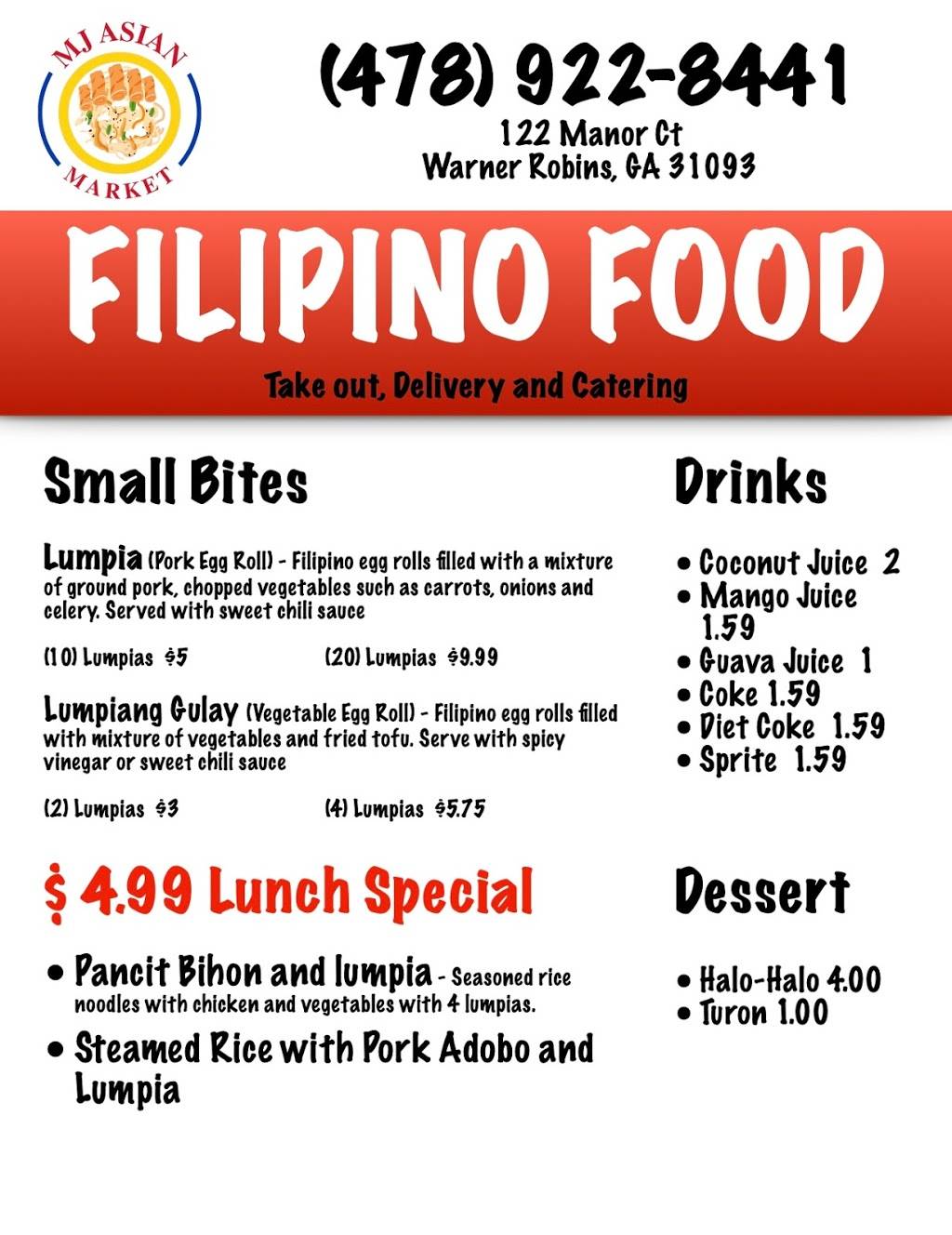 MJ Asian Market and Filipino Food | restaurant | 122 Manor Ct, Warner Robins, GA 31093, USA | 4789228441 OR +1 478-922-8441
