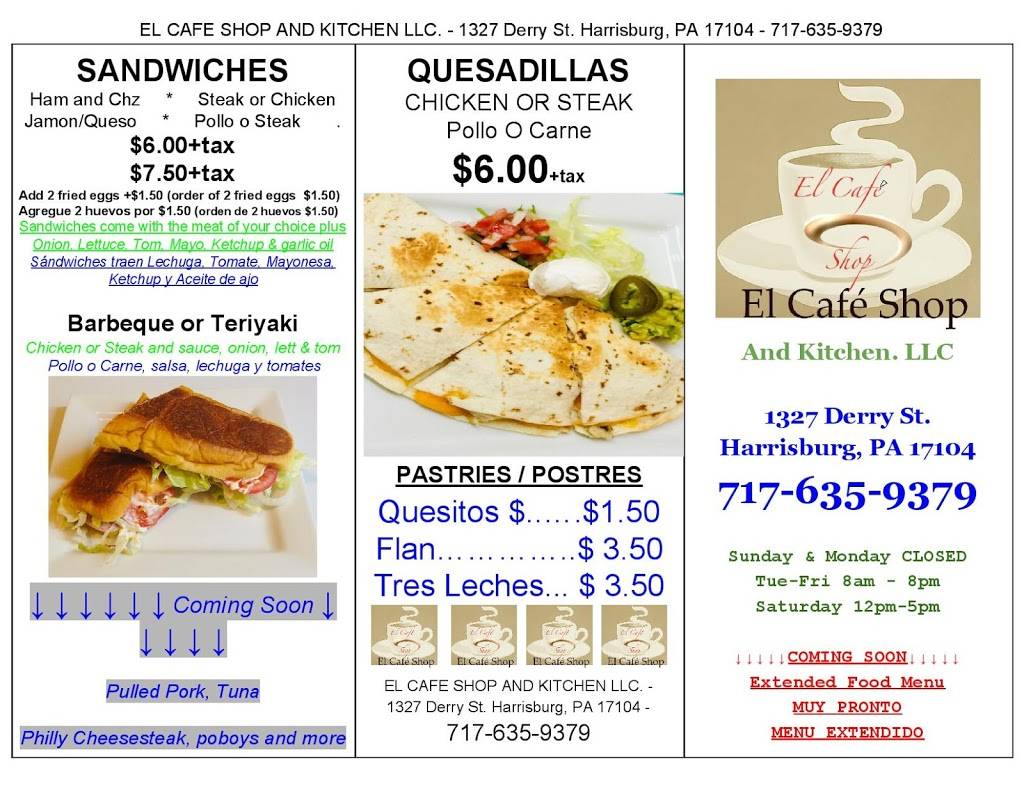 El Cafe Shop and Kitchen LLC | cafe | 1327 Derry St, Harrisburg, PA 17104, USA | 7176359379 OR +1 717-635-9379