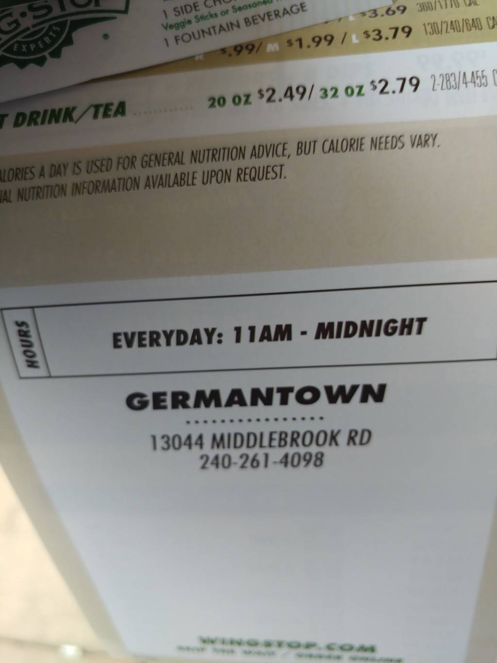 Wingstop Germantown Middlebrook Rd | restaurant | 13044 Middlebrook Road #190, Germantown, MD 20874, USA | 2402614098 OR +1 240-261-4098
