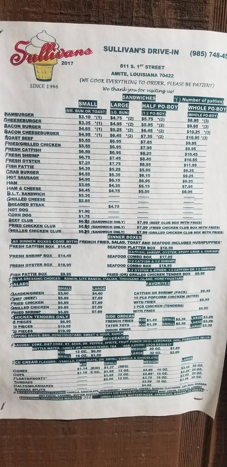 Sullivans Drive-In | restaurant | 811 S 1st St, Amite City, LA 70422, USA | 9857484505 OR +1 985-748-4505