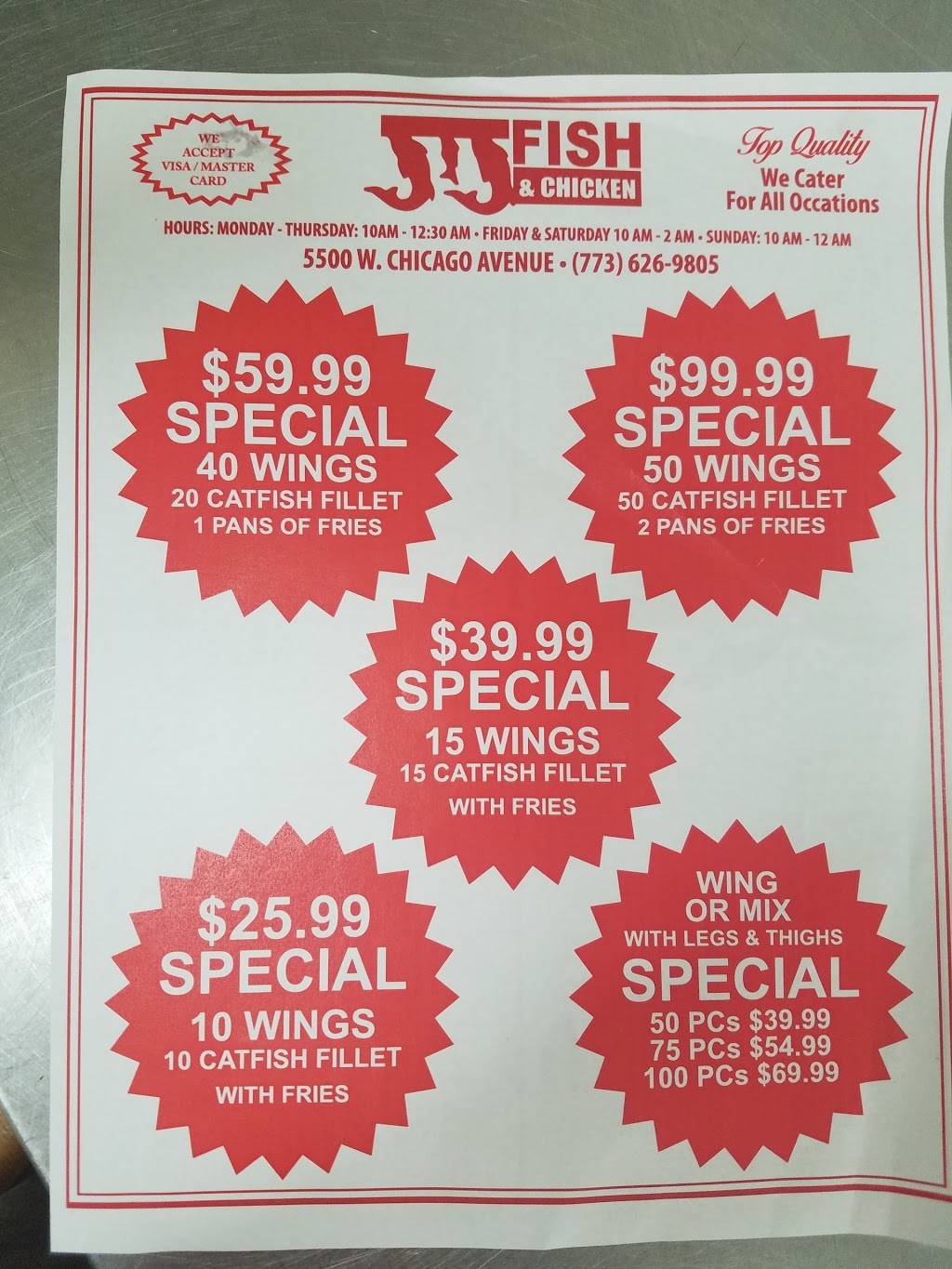 J & J Fish & Chicken | restaurant | 5500 W Chicago Ave, Chicago, IL 60651, USA | 7736269805 OR +1 773-626-9805