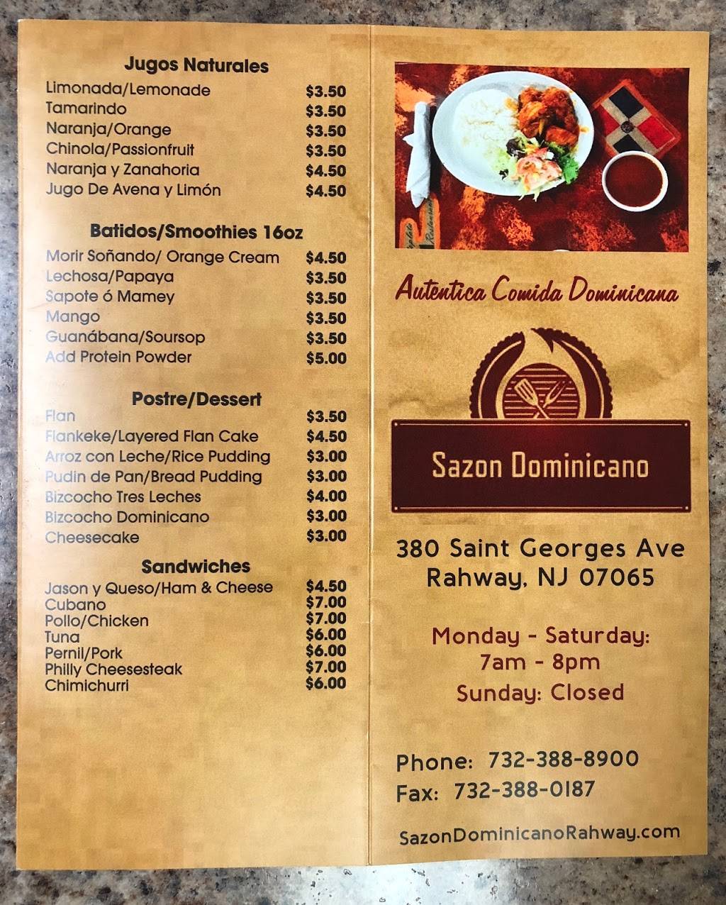 Sazon Dominicano Restaurant | restaurant | 380 St George Ave, Rahway, NJ 07065, USA | 7323888900 OR +1 732-388-8900