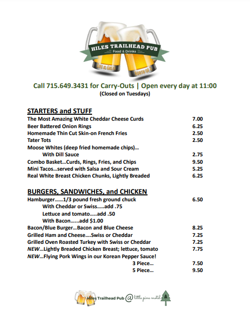 Hiles Trailhead Pub | restaurant | 9245 WI-32, Hiles, WI 54511, USA | 7156493431 OR +1 715-649-3431