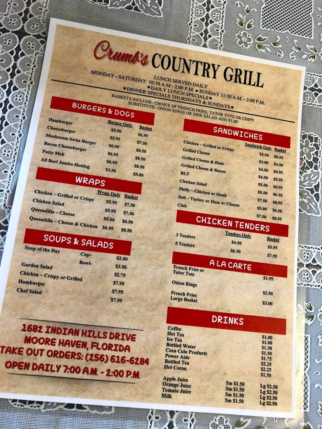 Crumbs Country Grill | restaurant | 1682 Indian Hills Dr, Moore Haven, FL 33471, USA | 2566166284 OR +1 256-616-6284