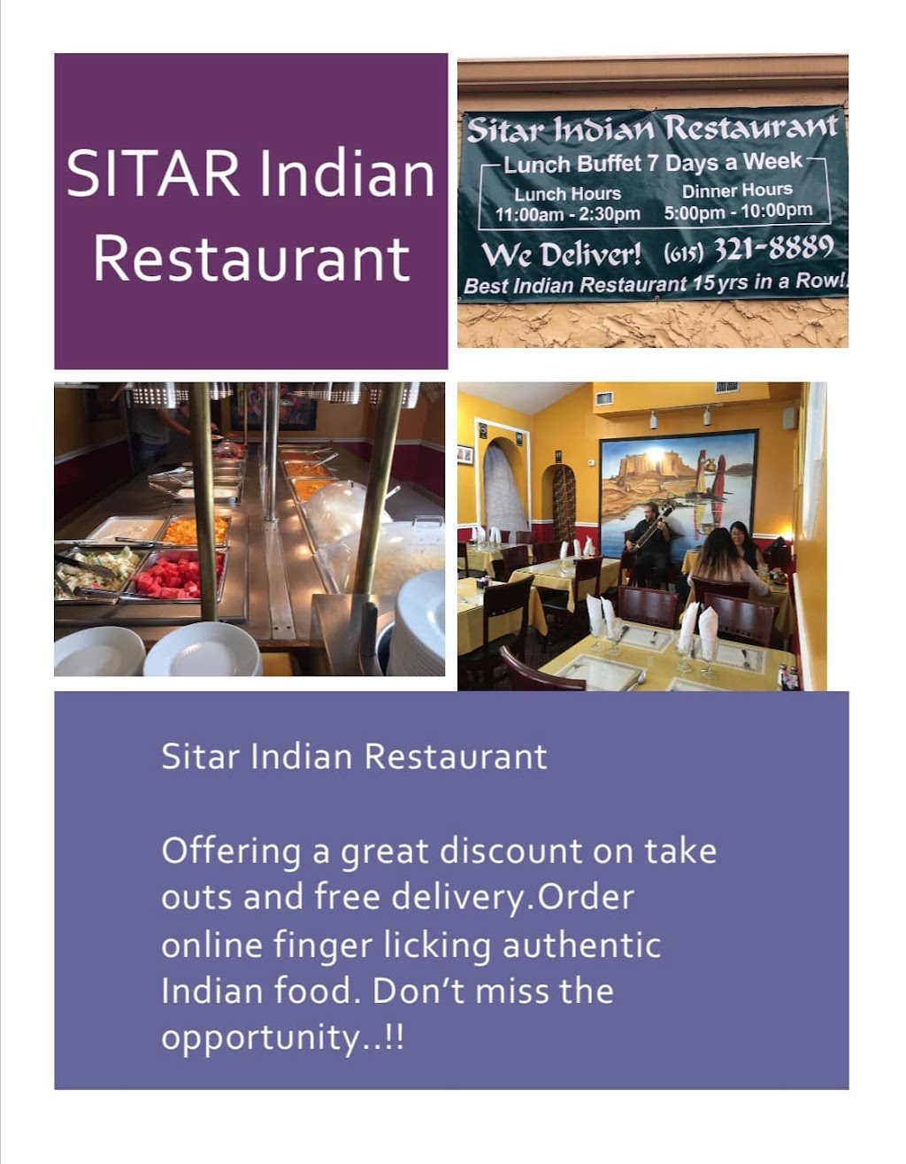 Sitar Indian Cuisine | restaurant | 116 21st Ave N, Nashville, TN 37203, USA | 6153218889 OR +1 615-321-8889