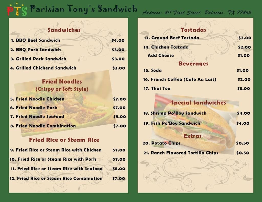 Parisian Tonys Sandwich | restaurant | 411 1st St, Palacios, TX 77465, USA | 8322487225 OR +1 832-248-7225