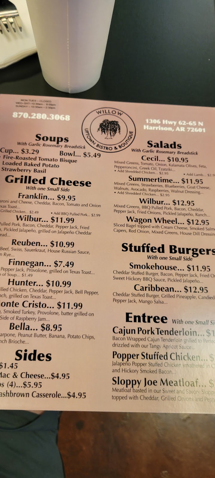 Willows Bistro and boutique. | restaurant | 1308, 65 US-62, Harrison, AR 72601, USA | 8702803068 OR +1 870-280-3068