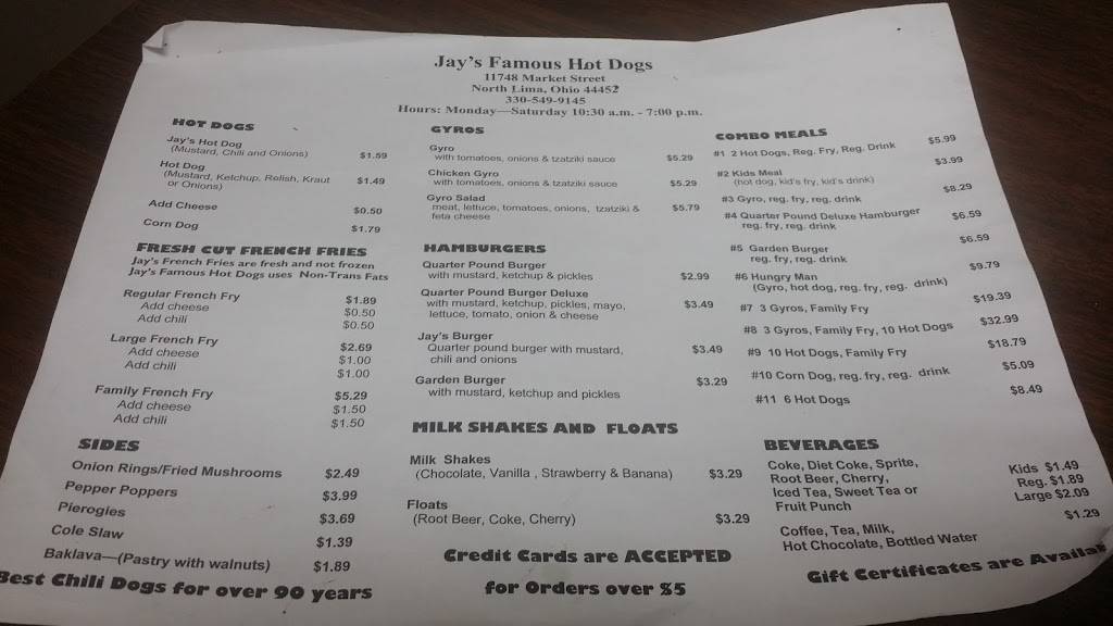 Jays Famous Hot Dogs | restaurant | 11748 Market St, North Lima, OH 44452, USA | 3305499145 OR +1 330-549-9145