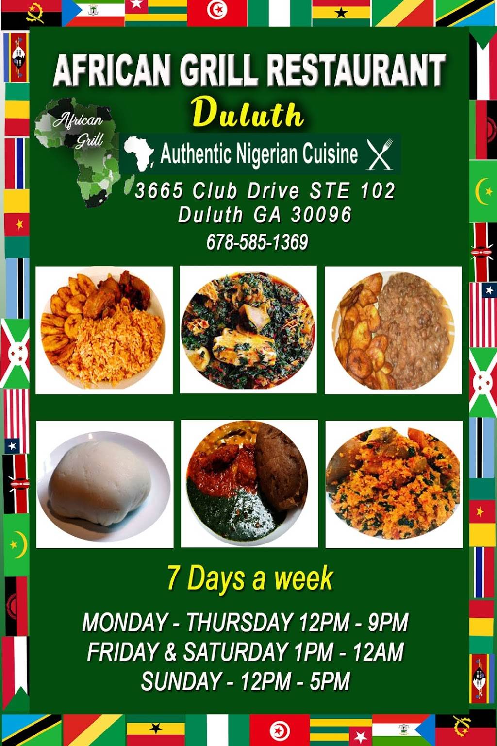 The African Grill | restaurant | 3665 Club Dr STE 102, Duluth, GA 30096, USA | 6785851369 OR +1 678-585-1369