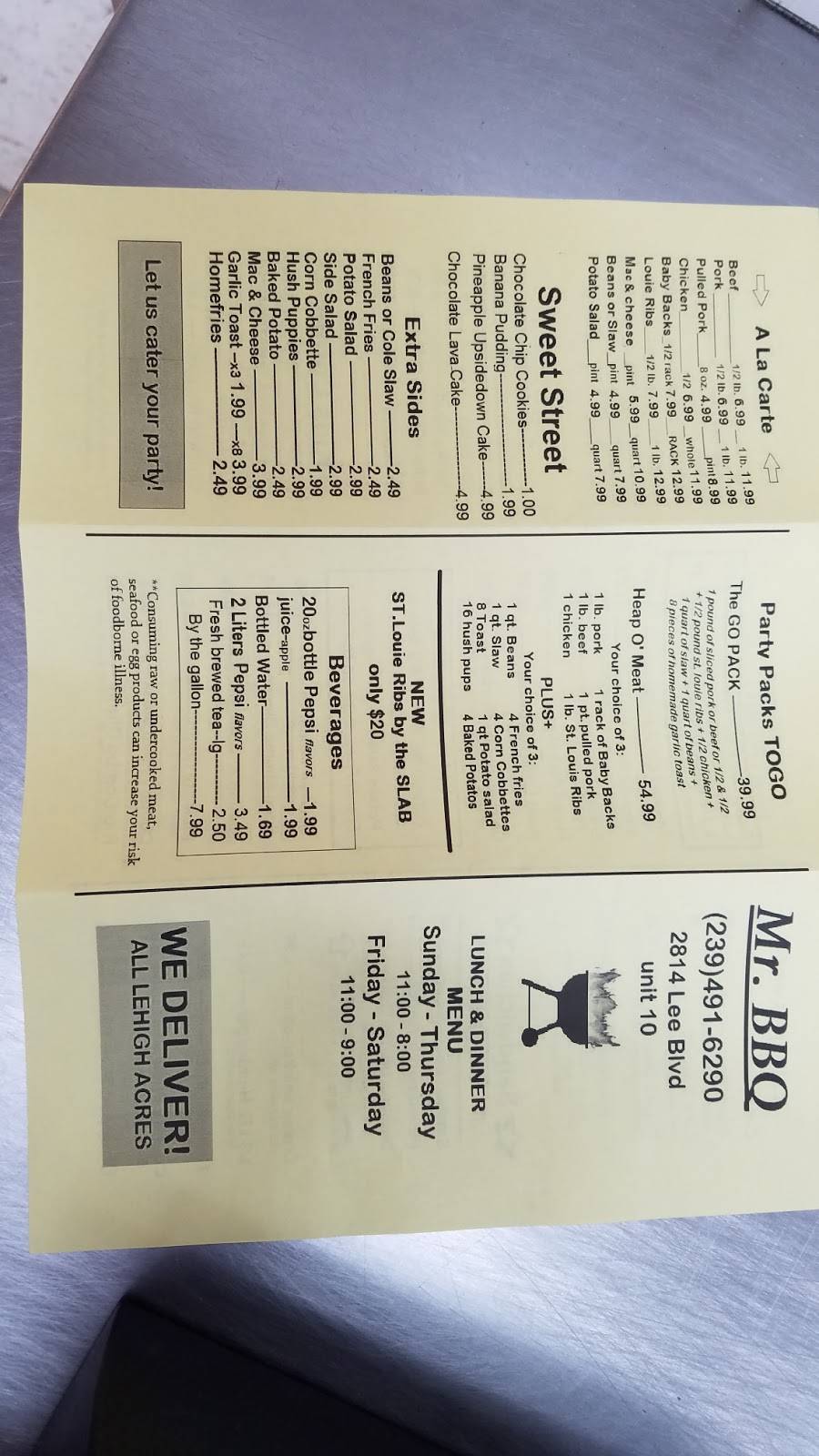 Mr. BBQ | restaurant | 2814 Lee Blvd, Lehigh Acres, FL 33971, USA | 2394916290 OR +1 239-491-6290