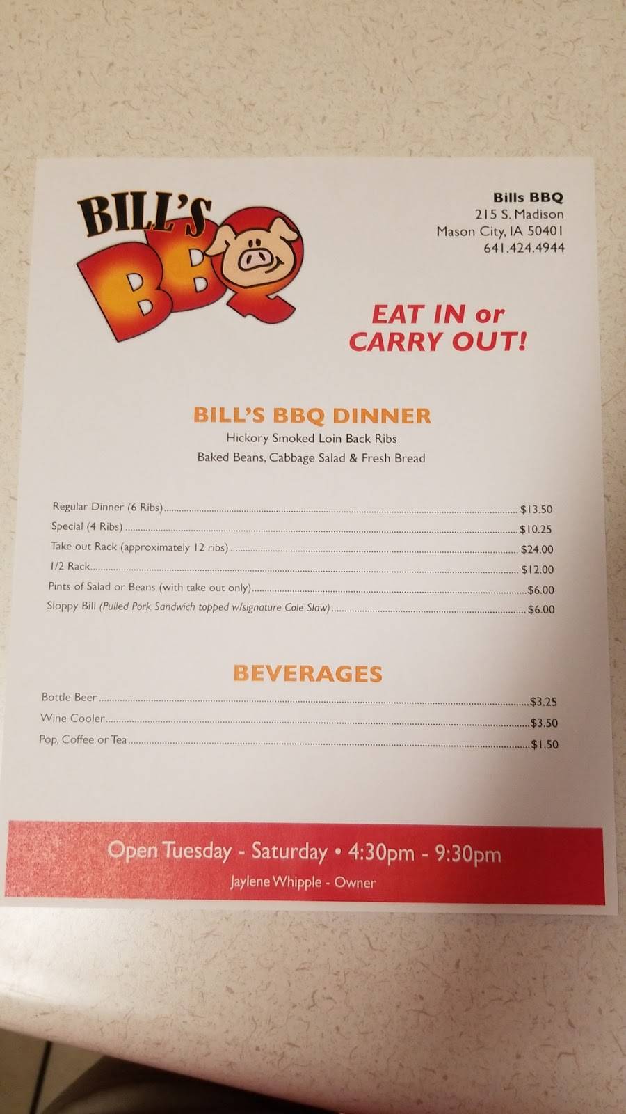 Bills BBQ | restaurant | 215 S Madison Ave, Mason City, IA 50401, USA | 6414244944 OR +1 641-424-4944