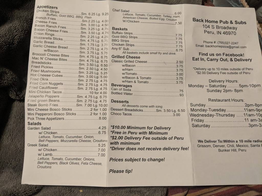 Back Home Pizza & Subs | restaurant | 104 S Broadway, Peru, IN 46970, USA | 7653272247 OR +1 765-327-2247