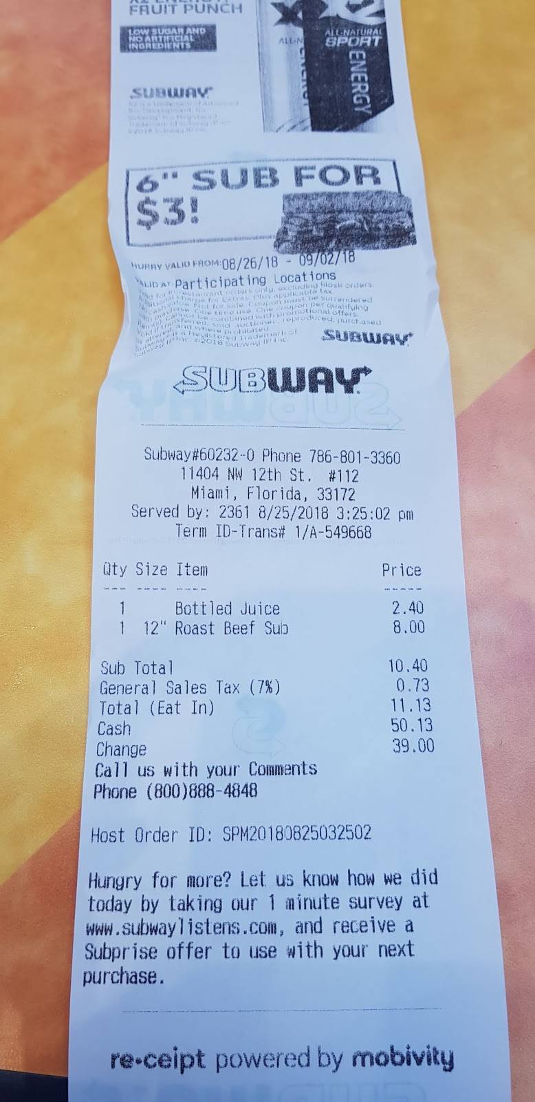 Subway | restaurant | 11401 NW 12th St, Miami, FL 33172, USA | 7868013360 OR +1 786-801-3360