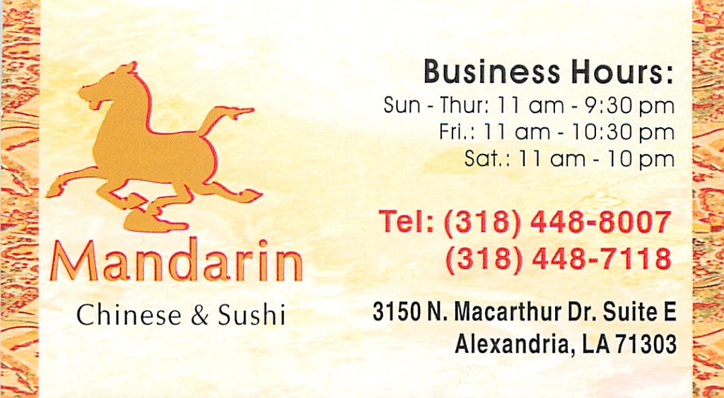 Mandarin Chinese & Sushi | restaurant | 3150 N MacArthur Dr e, Alexandria, LA 71303, USA | 3184488007 OR +1 318-448-8007