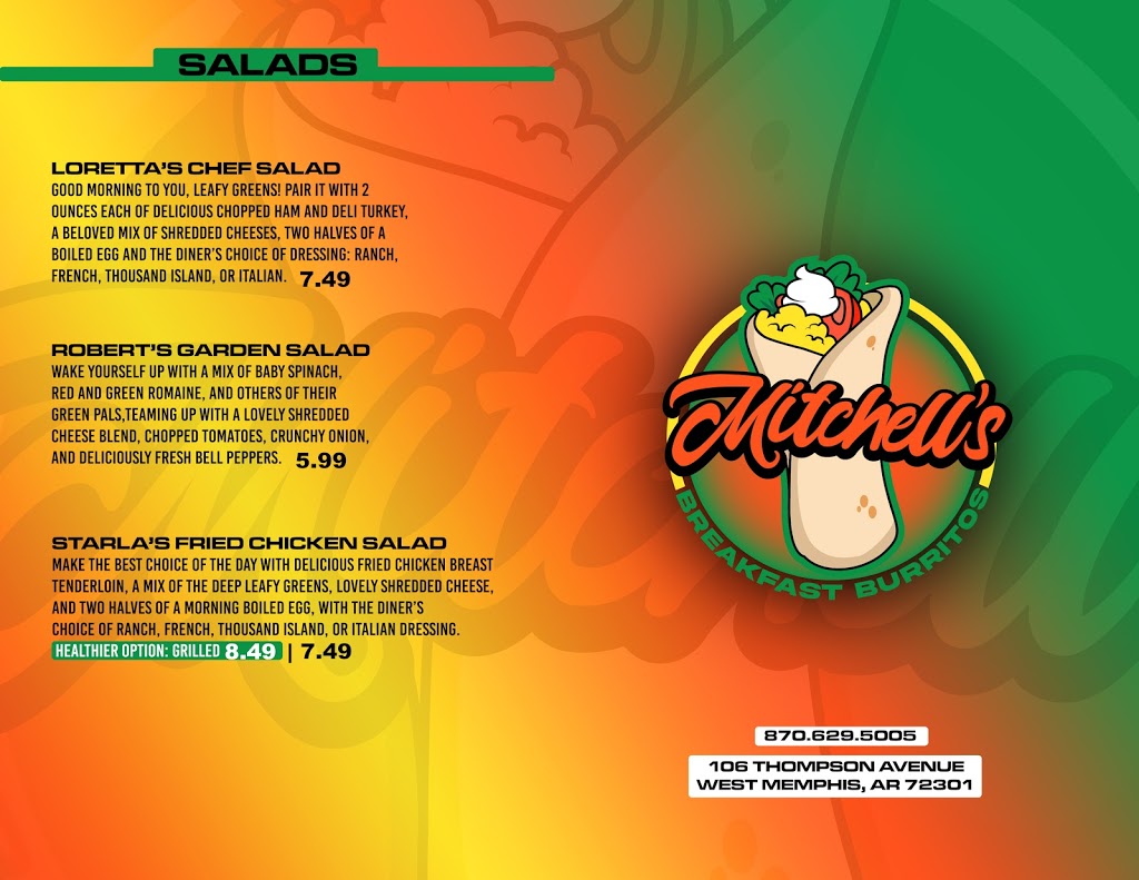 Mitchells Breakfast Burritos | restaurant | 106 Thompson Ave, West Memphis, AR 72301, USA | 8706295005 OR +1 870-629-5005