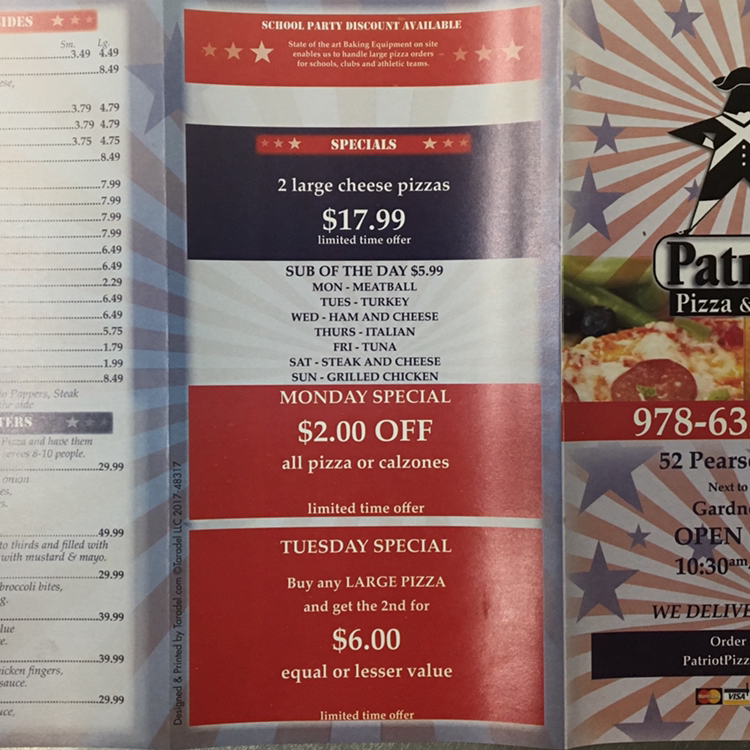 Patriots Pizza & More | restaurant | 52 Pearson Blvd # 1, Gardner, MA 01440, USA | 9786324500 OR +1 978-632-4500