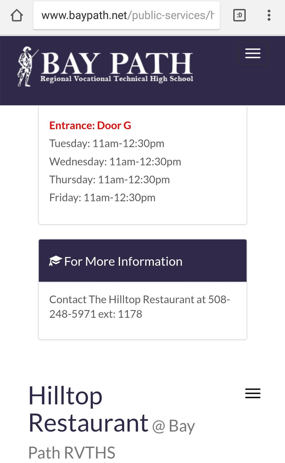 Hilltop Restaurant @ Bay Path RVTHS | meal takeaway | Charlton, MA 01507, USA | 50824859711178 OR +1 508-248-5971 ext. 1178