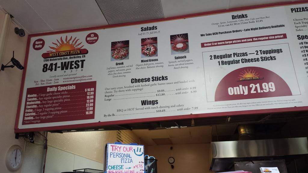 West Coast Pizza | restaurant | 1706 University Ave, Berkeley, CA 94703, USA | 5108419378 OR +1 510-841-9378