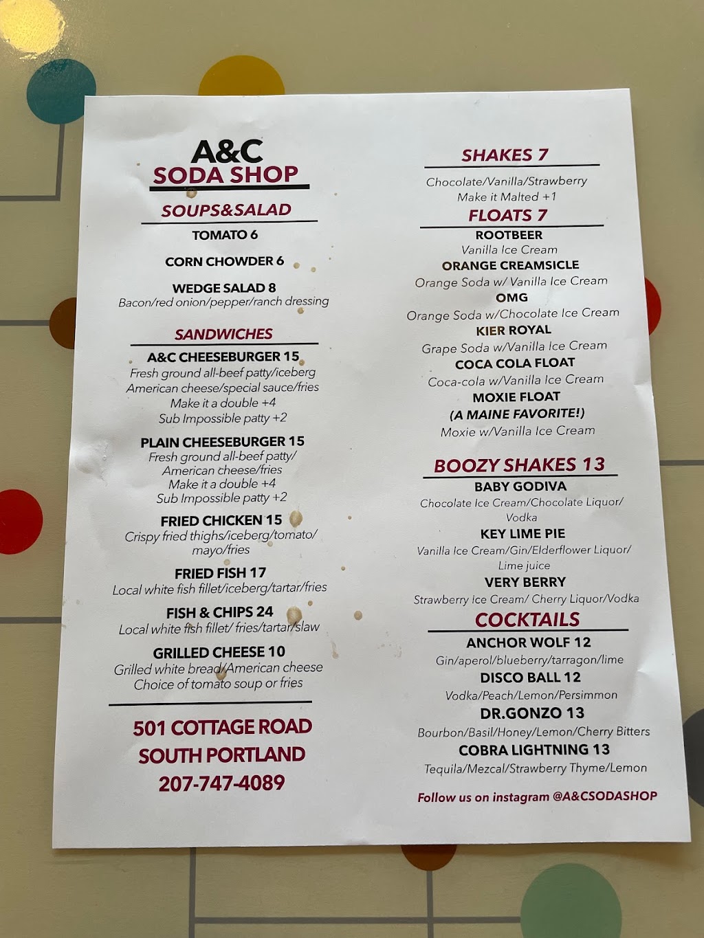 A&C Soda Shop | restaurant | 501 Cottage Rd, South Portland, ME 04106, USA | 2077474089 OR +1 207-747-4089