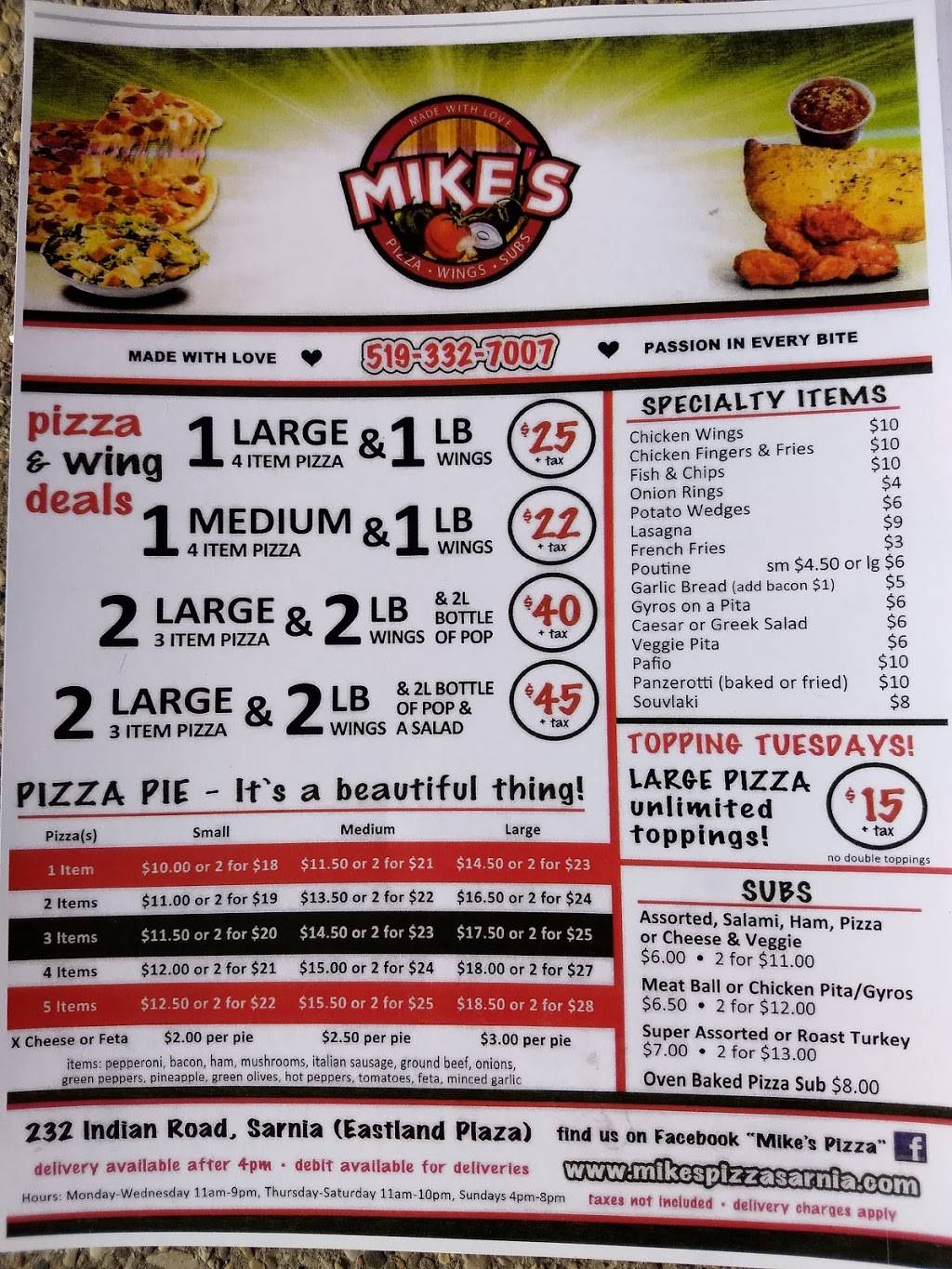 Mikes Pizza & Subs | restaurant | 232 Indian Rd S, Sarnia, ON N7T 3W4, Canada | 5193327007 OR +1 519-332-7007
