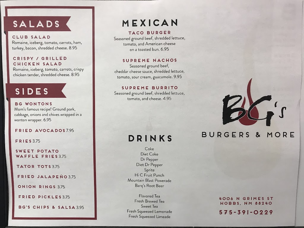 BGs Burgers & More | restaurant | 4006 N Grimes St, Hobbs, NM 88240, USA | 5753910229 OR +1 575-391-0229