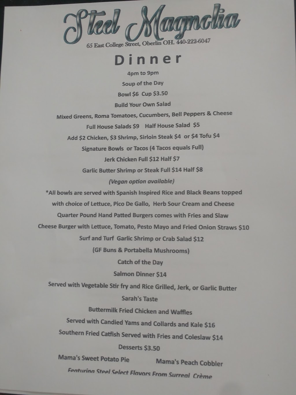 Steel Magnolia | restaurant | 65 E College St, Oberlin, OH 44074, USA | 4402226047 OR +1 440-222-6047