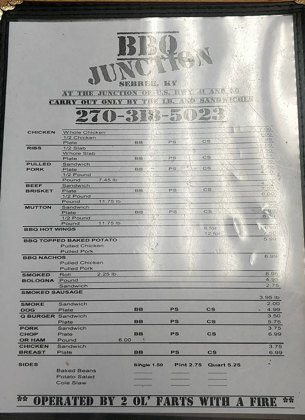 BBQ Junction | restaurant | 25 US-41, Sebree, KY 42455, USA | 2703131533 OR +1 270-313-1533