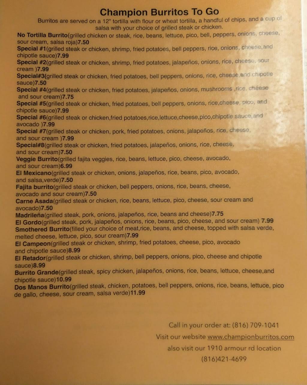 Champion Burritos To Go | restaurant | 7416 NW River Park Dr, Parkville, MO 64152, USA | 8167091041 OR +1 816-709-1041