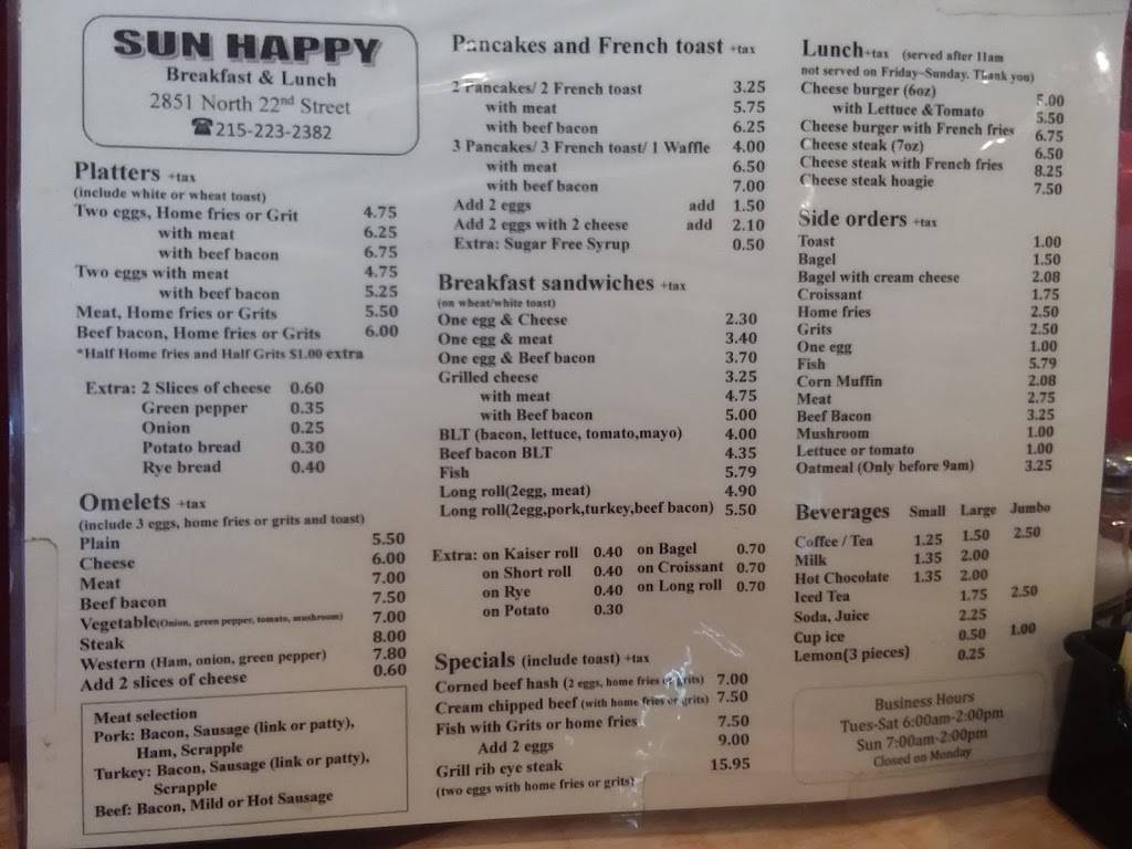 Sun Happy Breakfast | restaurant | 2851 N 22nd St, Philadelphia, PA 19132, USA | 2152232382 OR +1 215-223-2382