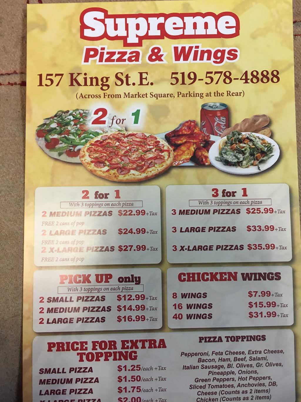 Supreme 2 For 1 Pizza And Wings | restaurant | 157 King St E, Kitchener, ON N2G 2K8, Canada | 5195784888 OR +1 519-578-4888