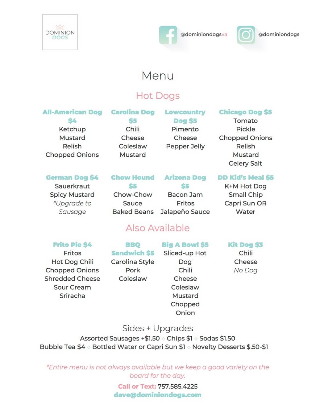 Dominion Dogs Hot Dogs & Catering | meal takeaway | 7610 Beechwood Dr, Lanexa, VA 23089, USA | 7575854225 OR +1 757-585-4225