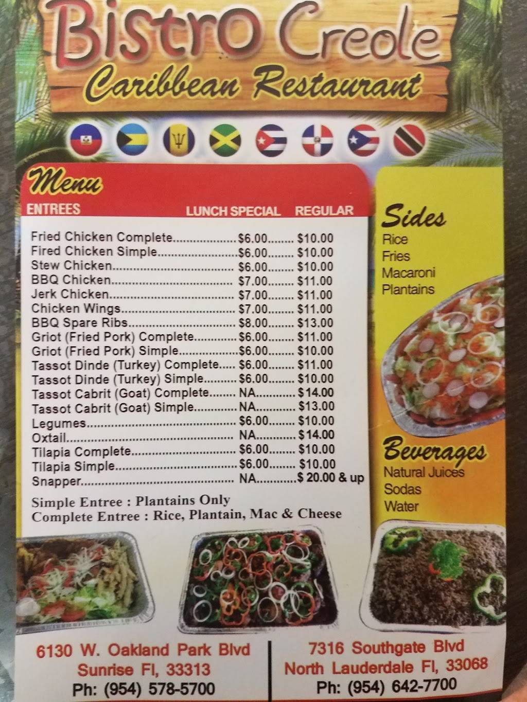 Bistro Creole | restaurant | 6130 W Oakland Park Blvd, Sunrise, FL 33313, USA | 9545785700 OR +1 954-578-5700