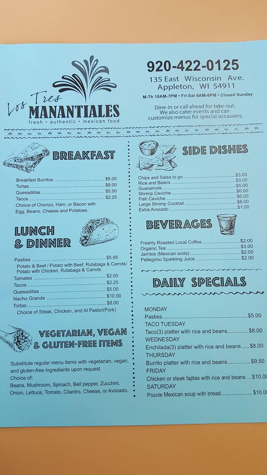 Los Tres Manantiales | restaurant | 135 E Wisconsin Ave, Appleton, WI 54911, USA | 9204220125 OR +1 920-422-0125