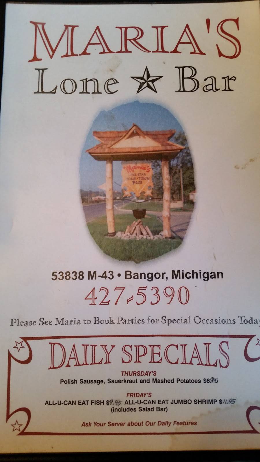 Marias Lonestar Hometown Pub | restaurant | 53838 M-43, Bangor, MI 49013, USA | 2694275390 OR +1 269-427-5390