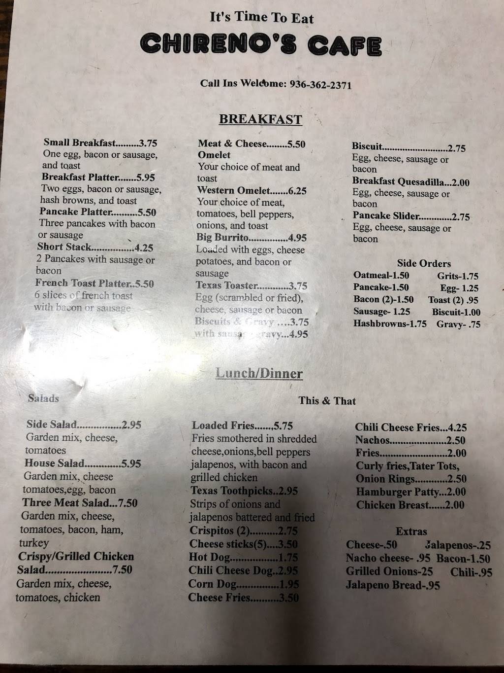 Chireno Country Cafe | restaurant | 716 Main St, Chireno, TX 75937, USA | 9363622371 OR +1 936-362-2371