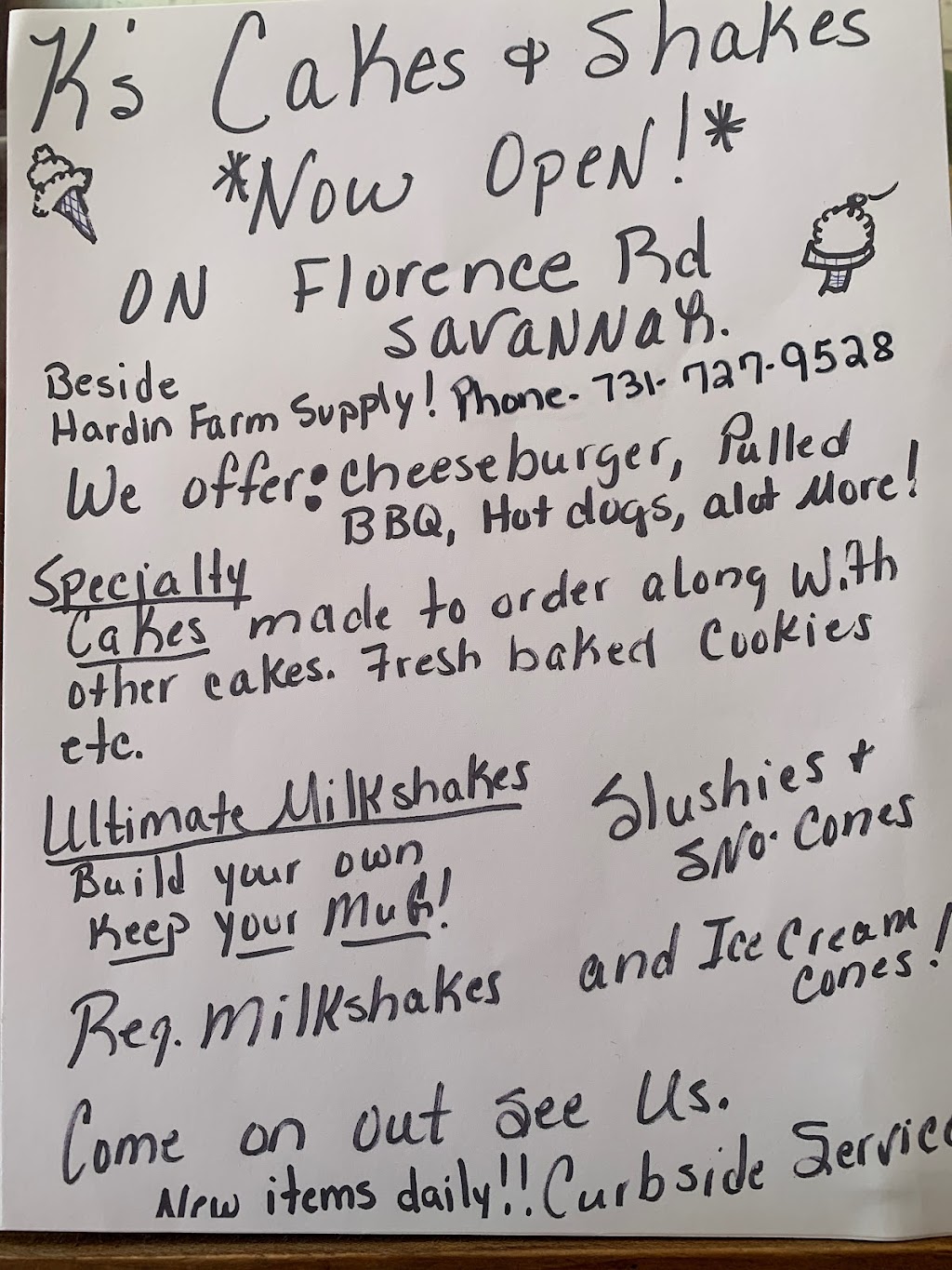 K’s Cakes & Shakes | restaurant | 1427 Florence Rd, Savannah, TN 38372, USA | 7317279528 OR +1 731-727-9528