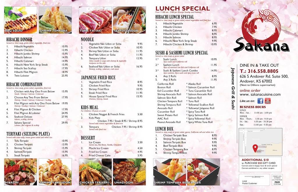 Sakana Japanese Cuisine | restaurant | 626 S Andover Rd #500, Andover, KS 67002, USA | 3165588805 OR +1 316-558-8805