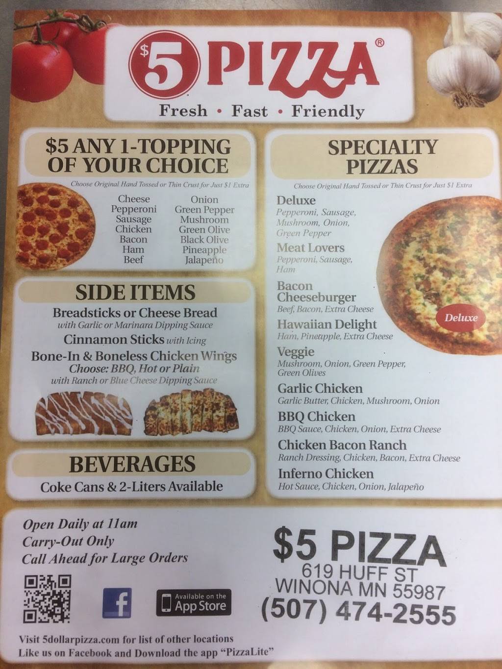 5 Dollar Pizza Winona | meal takeaway | 619 Huff St, Winona, MN 55987, USA | 5074742555 OR +1 507-474-2555