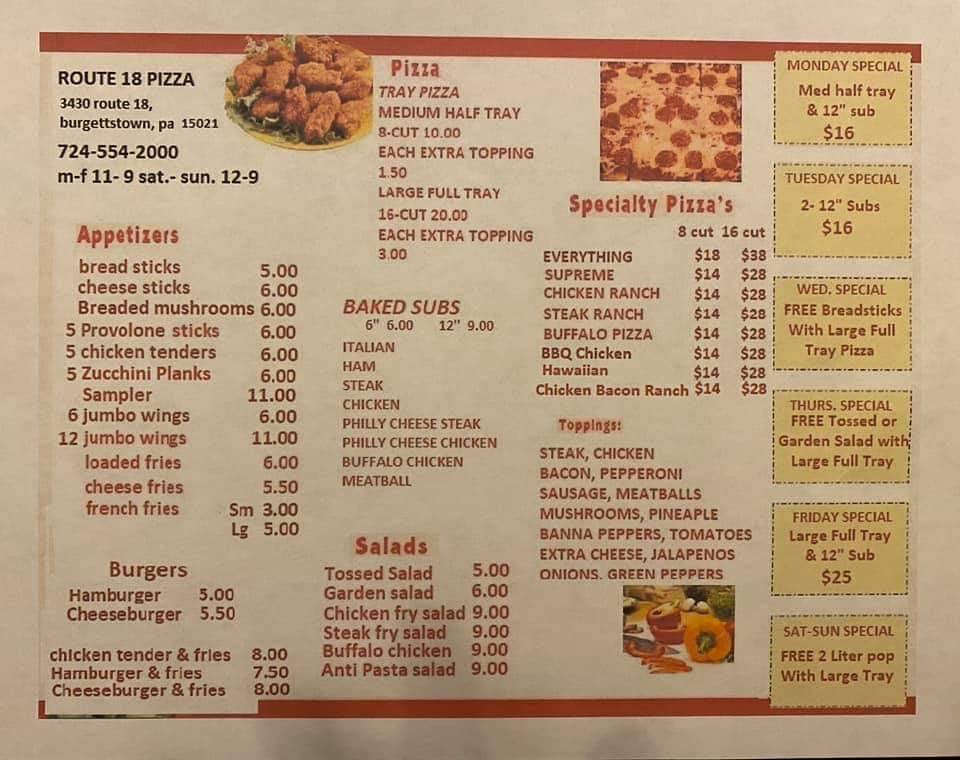 Rt 18 Pizza | restaurant | 3430 PA-18, Burgettstown, PA 15021, USA | 7245542000 OR +1 724-554-2000