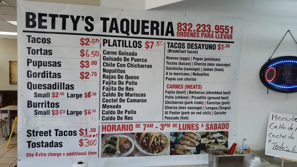Bettys Taqueria | restaurant | 10910 Will Clayton Pkwy, Humble, TX 77396, USA | 8322339551 OR +1 832-233-9551