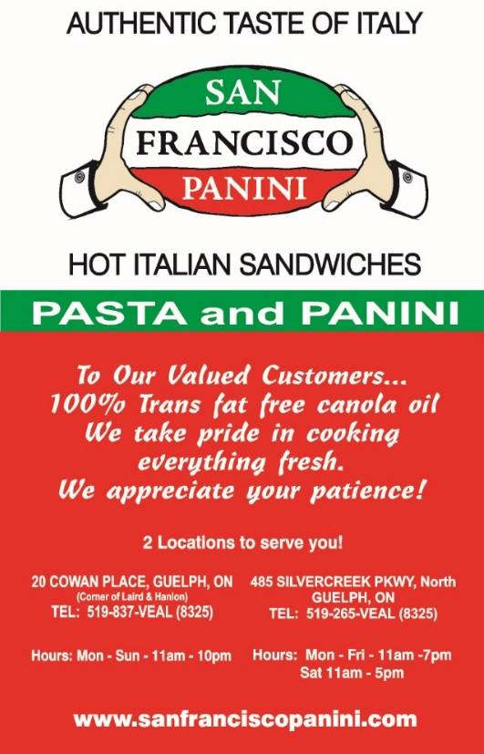 San Francisco Panini | meal takeaway | 485 Silvercreek Pkwy N #12, Guelph, ON N1H 7K5, Canada | 5192658325 OR +1 519-265-8325
