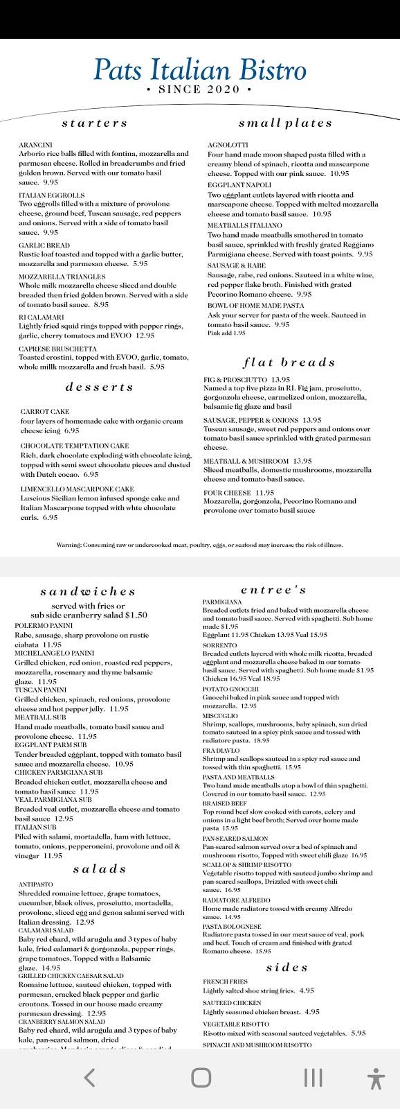 Pats Italian Bistro | restaurant | 1000 Chapel View Blvd, Cranston, RI 02920, USA | 4016425800 OR +1 401-642-5800