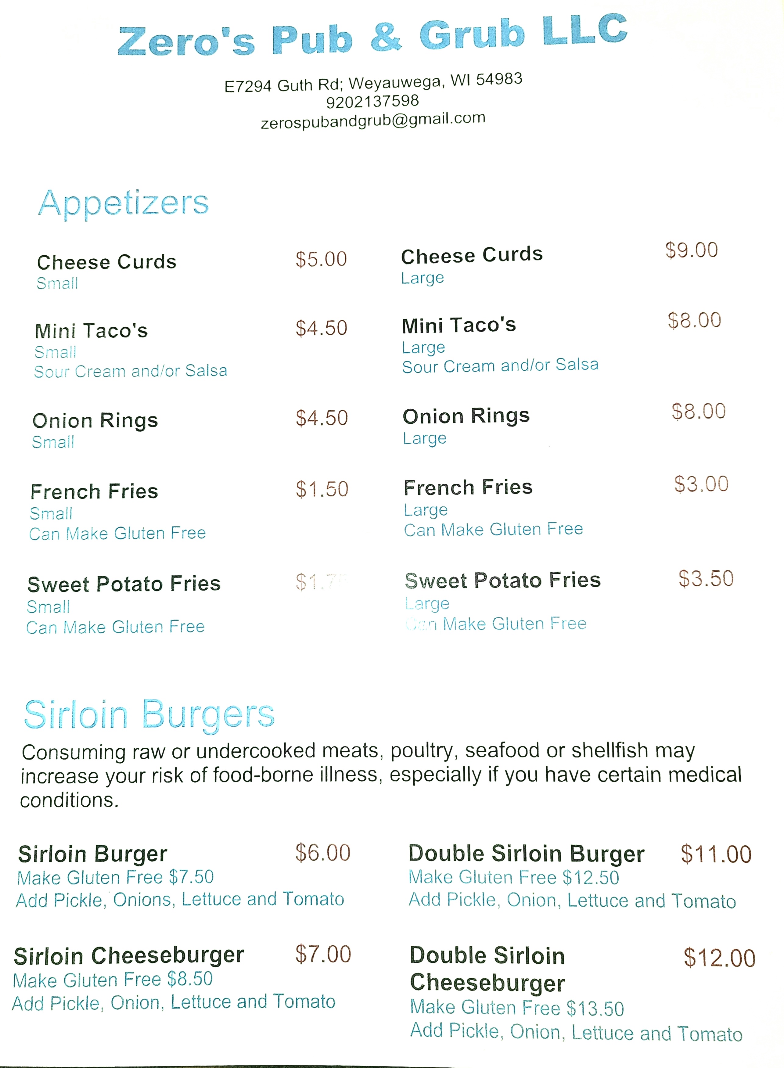 Zeros Pub & Grub | restaurant | E7294 Guth Rd, Weyauwega, WI 54983, USA | 9202138654 OR +1 920-213-8654