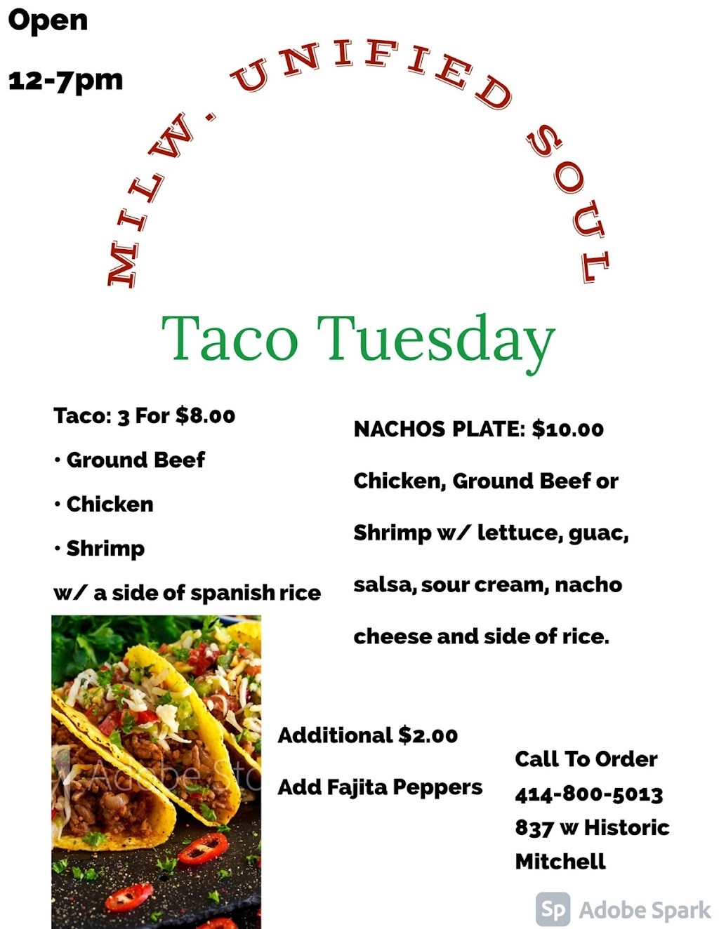 Milwaukee Unified Soul | restaurant | 837 W Historic Mitchell St, Milwaukee, WI 53204, USA | 4148005013 OR +1 414-800-5013