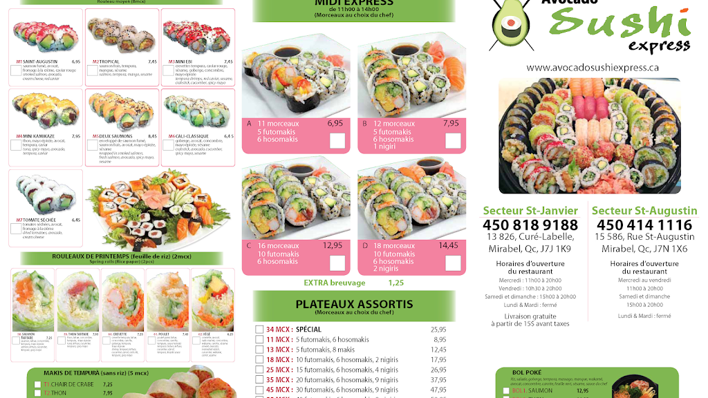 Avocado Sushi Express | restaurant | 13826 Boulevard Curé-Labelle, Mirabel, QC J7J 1K9, Canada | 4508189188 OR +1 450-818-9188