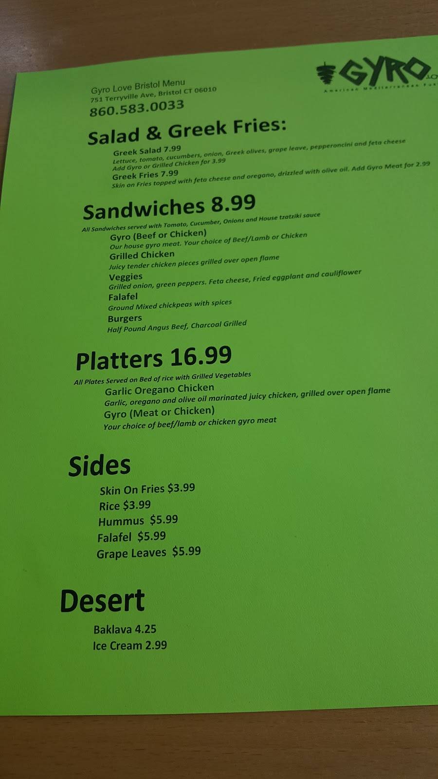 Gyro Love | restaurant | 751 Terryville Ave, Bristol, CT 06010, USA | 8605830033 OR +1 860-583-0033